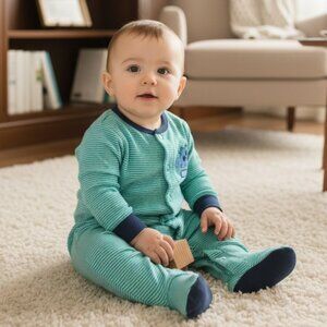 Carter’s Baby Dinosaur Sleeper Green Striped 6 Months footie Pajamas